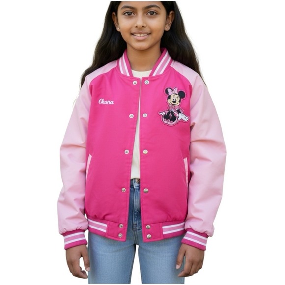 Disney Other - Disney Minnie Mouse Bomber Jacket Pink Girls‎ 7/8 Ohana "Family" Embroidered